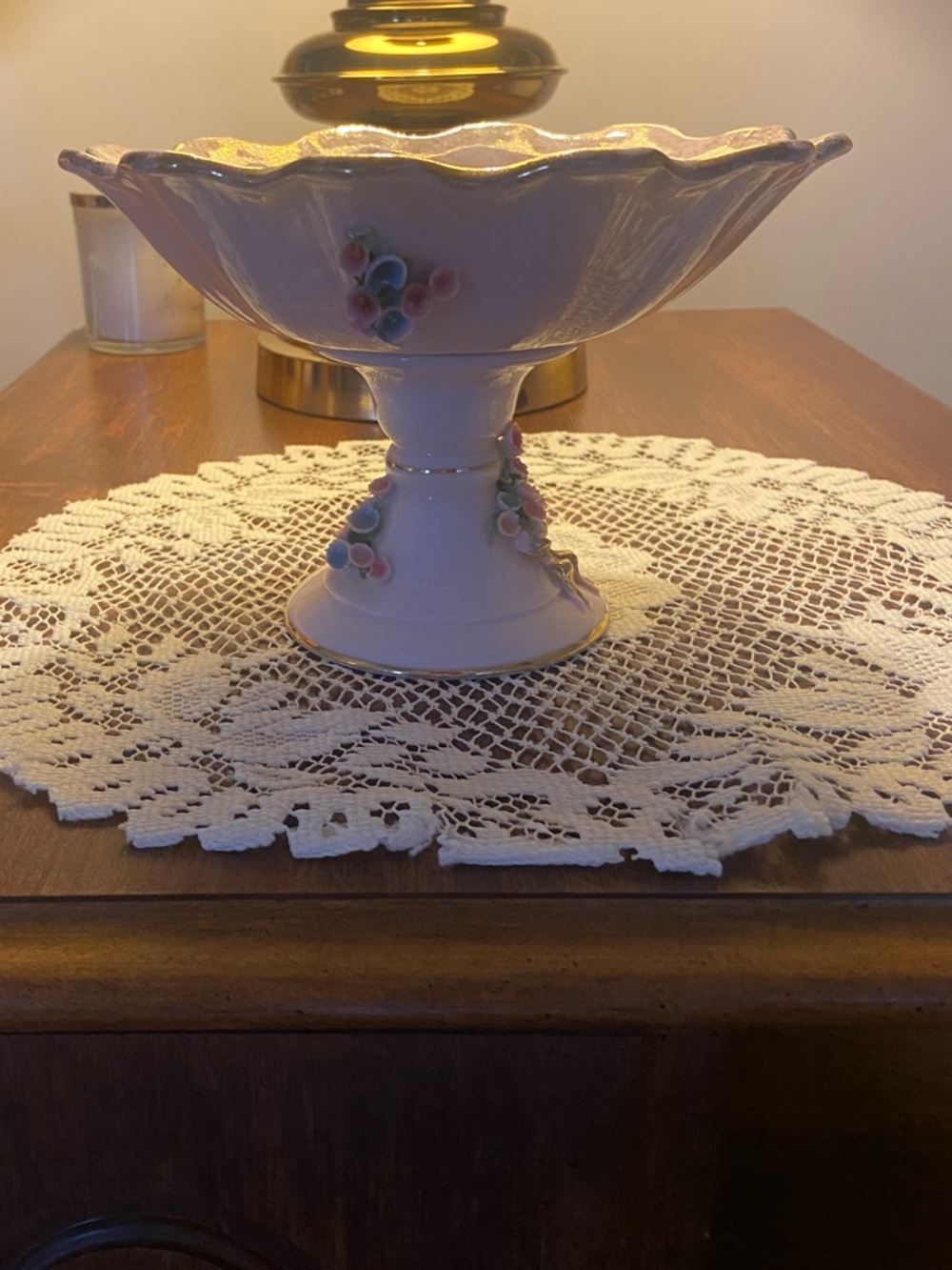 Porcelain Pedestal Compote Bowl with Pink Floral Accents by Lefton-Japan